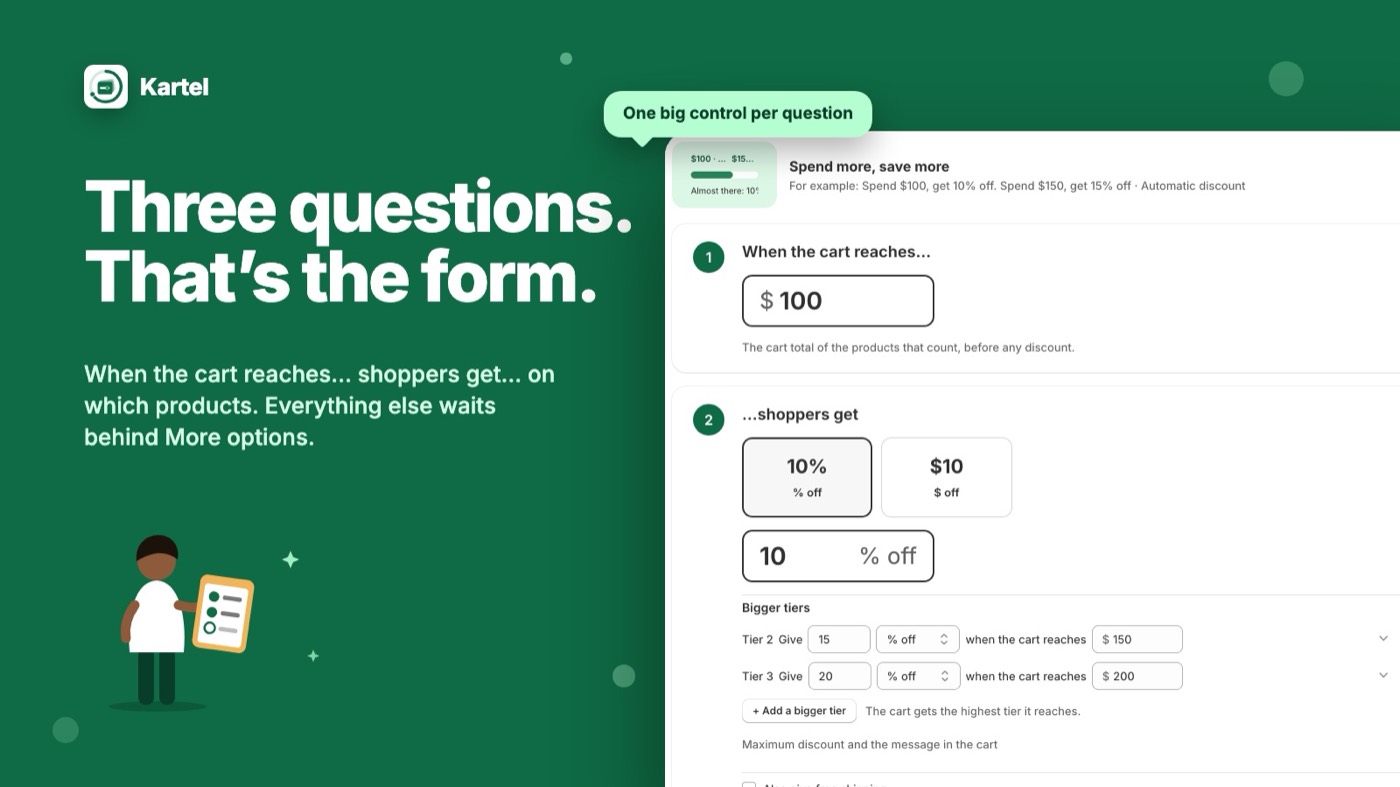 The three-question form with a live preview of the shopper's cart
