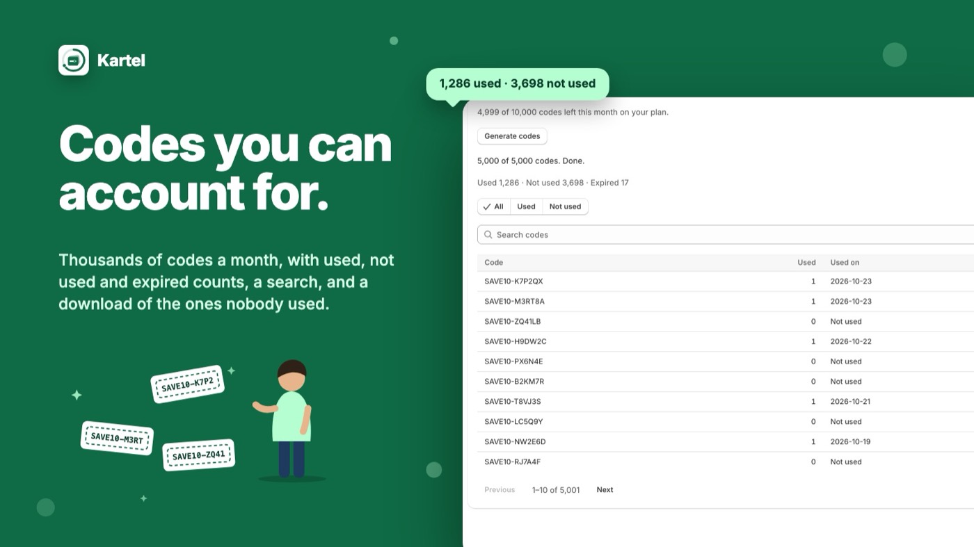 Bulk code list with used and unused counts