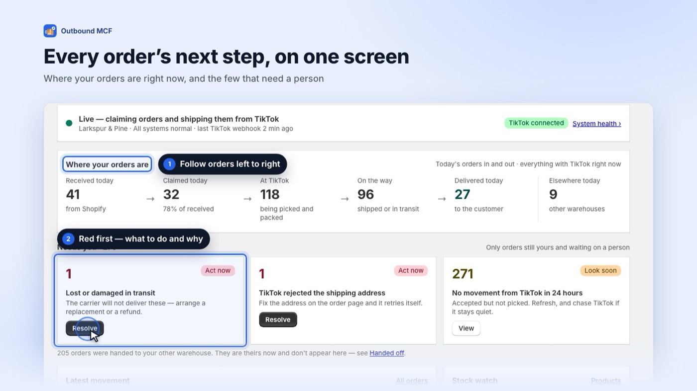 Outbound MCF home screen with orders that need attention, grouped by action