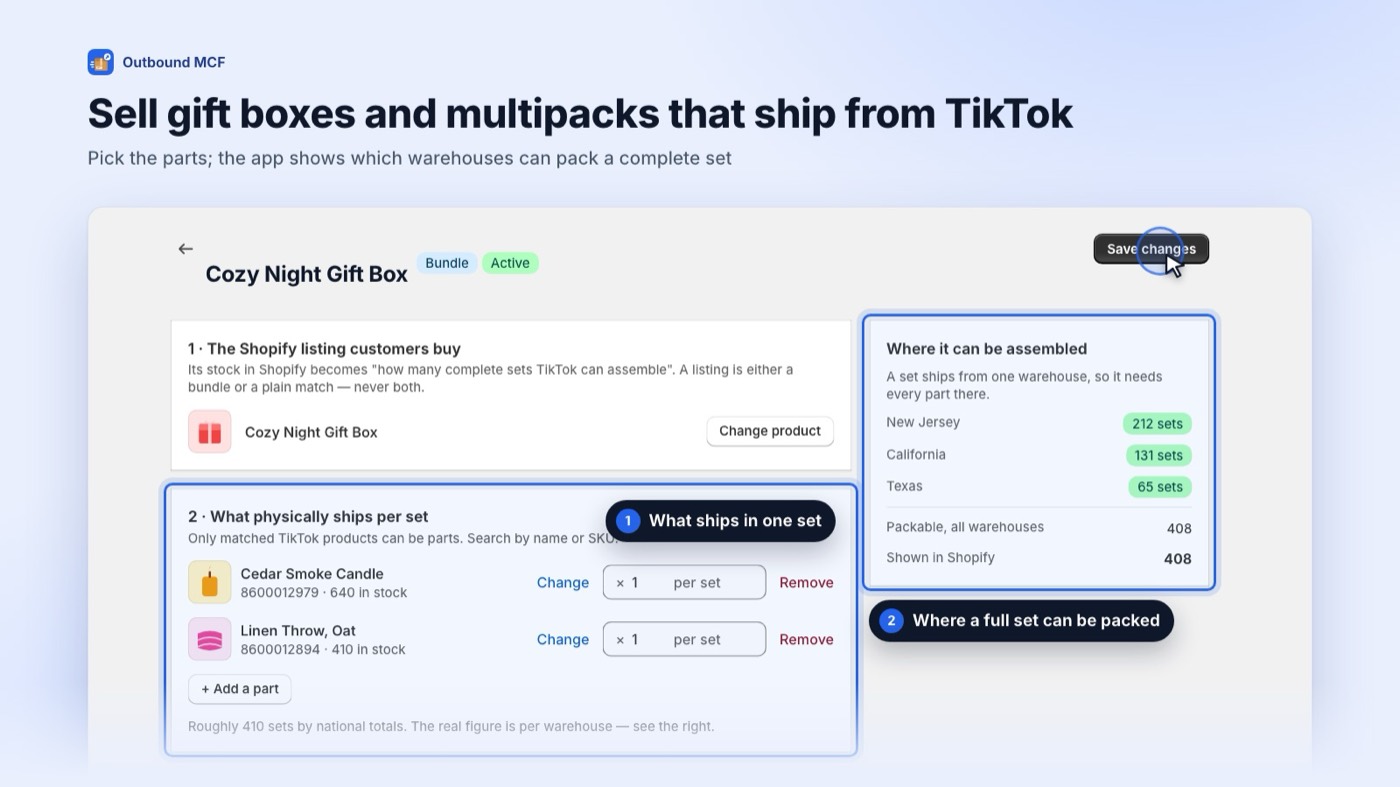 Bundle editor for a gift box listing its parts and the warehouses that can pack it